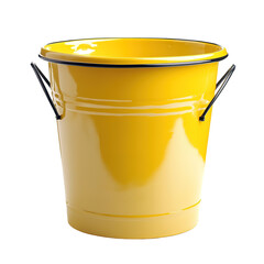 A close-up shot of a vibrant yellow bucket with a contrasting black handle isolated on transparent background.
