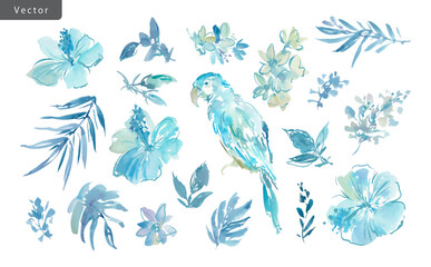 Vector clipart set of abstract blue hibiscus flowers, monstera, tropical plants, and a parrot painted in watercolor. Hand-drawn summer illustration collection of botanical elements and birds. © Sawango