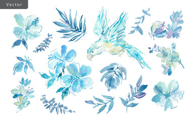 Vector clipart set of abstract blue hibiscus flowers, monstera, tropical plants, and a parrot painted in watercolor. Hand-drawn summer illustration collection of botanical elements and birds. © Sawango