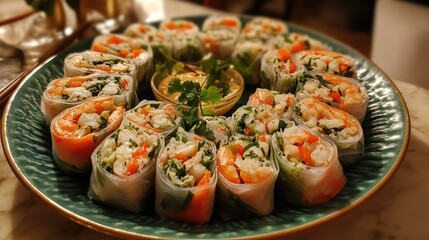Fresh and Colorful Shrimp Spring Rolls Platter Served with Dipping Sauce on a Decorative Green Plate