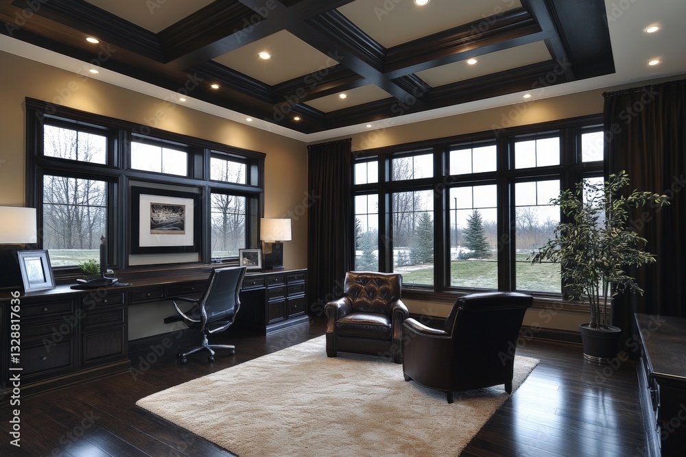 Poster elegant modern office design featuring large windows and warm tones in a spacious setting