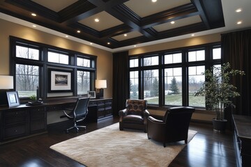 Fototapeta premium Elegant modern office design featuring large windows and warm tones in a spacious setting