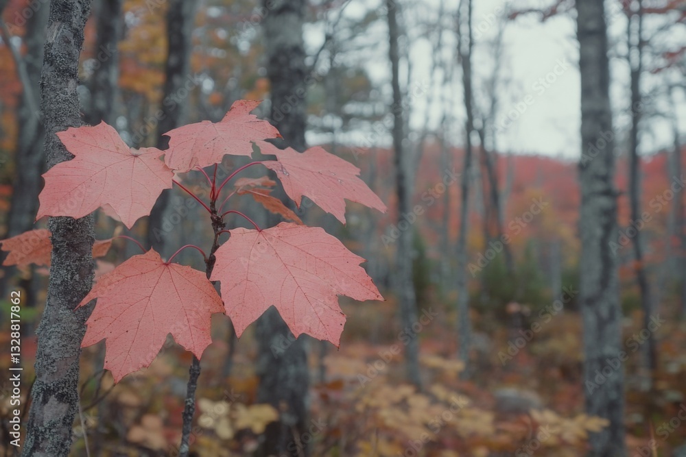 Poster Colorful autumn leaves contrast with trees in a tranquil forest setting during a cloudy day in fall
