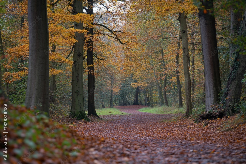 Poster Autumn path lined with colorful trees in a peaceful forest during serene daylight hours