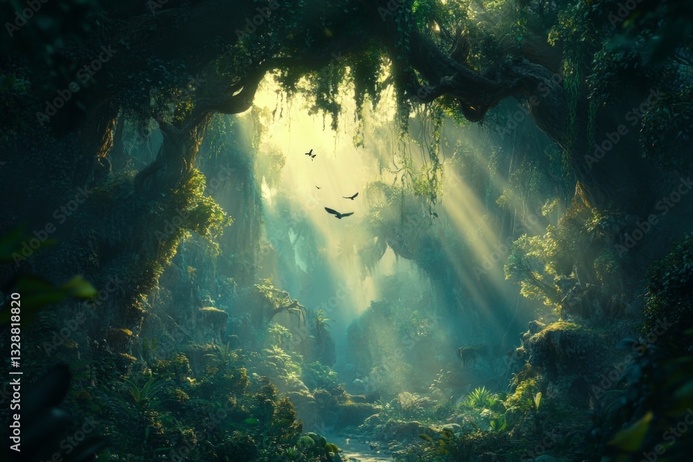 Poster sunlight filters through dense foliage in a mystical forest filled with vibrant greenery and wildlif