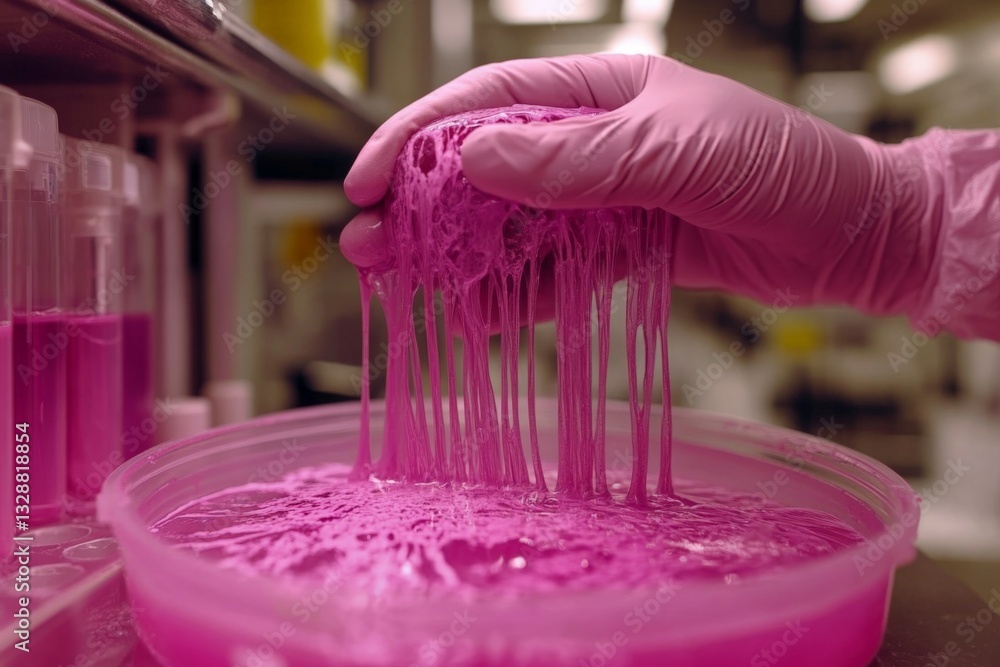 Poster laboratory technician conducts an experiment with bright pink substance inside a petri dish in a res