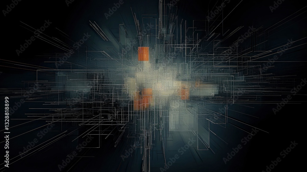 Poster abstract 3d rendering of interconnected lines, geometric shapes, and glowing particles, creating a f