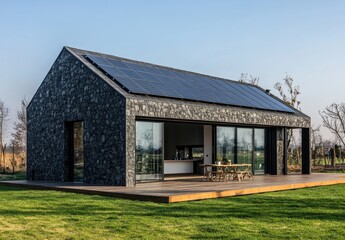 Modern house with black stone walls and solar panels on the roof, white color of tiles, wooden terrace with a table for tea or coffee in front of it, and a green lawn around the yard.