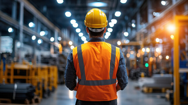Industrial worker in high visibility vest and helmet in warehouse - Powered by Adobe