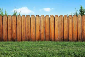 Fototapeta premium Wood fence stretches along green lawn under blue sky with few clouds and sunlight shining in the afternoon