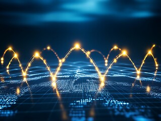 Glowing golden lines represent data transferring over a digital landscape