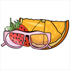 Hand drawn colorful summer illustration of summer sunglasses with an orange slice and strawberry