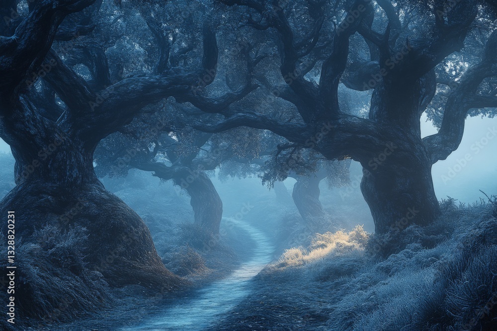 Aufkleber Mysterious pathway through a foggy forest with gnarled trees and soft light illuminating the ground