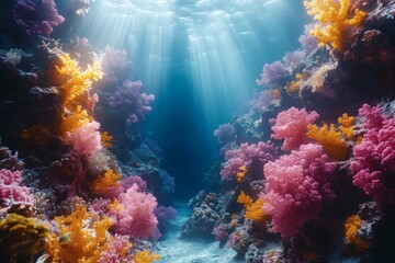Obraz premium a vibrant underwater scene, coral reef. Sunlight streams through the water, illuminating the colorful coral