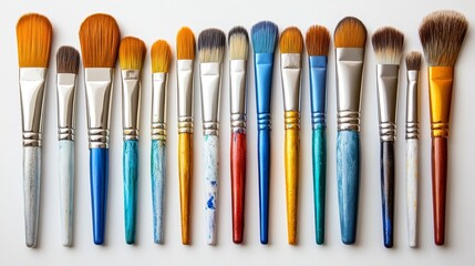 Fototapeta premium Colorful selection of paintbrushes arranged neatly on a light surface for artistic creativity