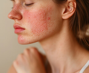 person with mild atopic dermatitis showing red and irritated skin on face, highlighting texture and condition. expression conveys sense of discomfort and sensitivity
