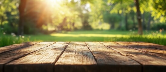 Sunny park wooden table mockup