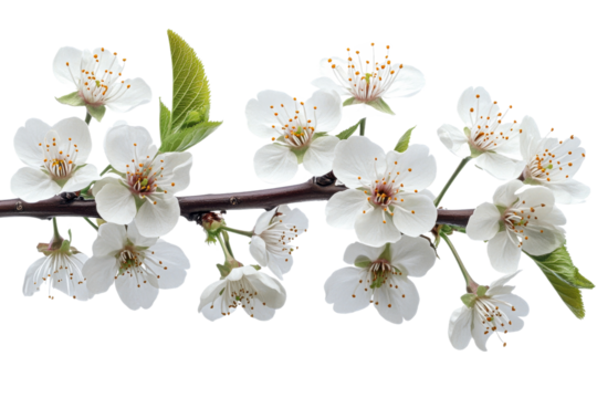Delicate cherry blossoms bloom on a green twig