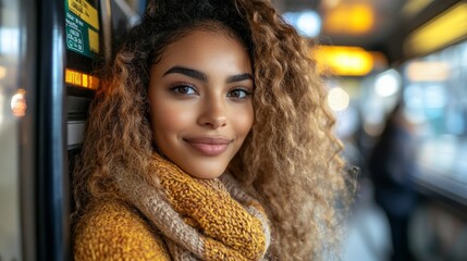 African American woman using ATM machine with credit card in urban setting during daylight hours