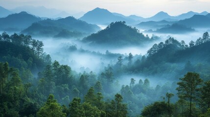 Obraz premium Majestic blue mountains enveloped in morning fog create a serene landscape in the early hours