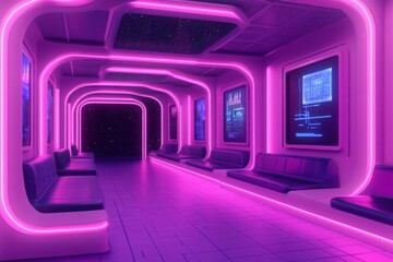 Futuristic waiting area illuminated by soft pink neon lights showcasing a modern design and technological displays