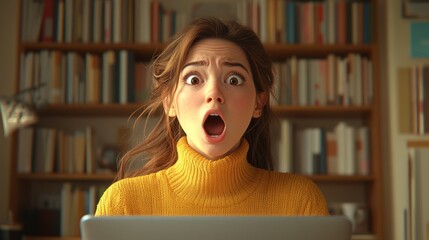 Sleepless woman yawning at desk in office, facing monotonous work with a laptop during the day