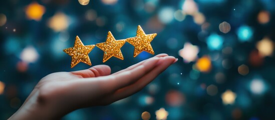 Hand holding three stars, bokeh background