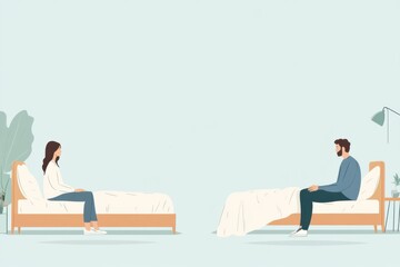 Fototapeta premium Emotional distance illustrated through a minimalistic depiction of two people on opposite sides of a bed