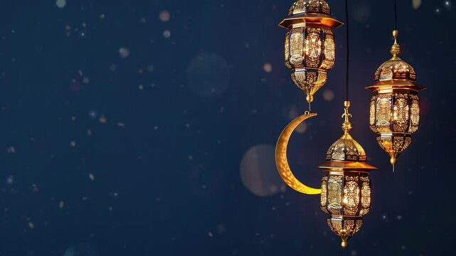 Golden lanterns emit soft light with Islamic Ramadan moon nuances on a dark blue background and a crescent moon. Warm Islamic Eid al-Fitr lanterns