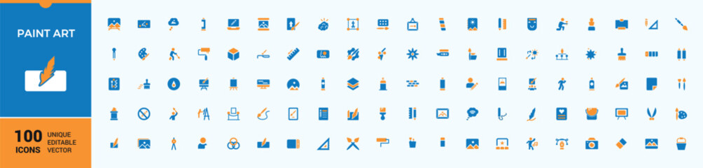 Paint colorful icons set in filled style. Featuring artist, paintbrush, art, brush, artistic, artwork, drawing, sketch. Icons for website. Draw icon collection. Modern vector illustration.