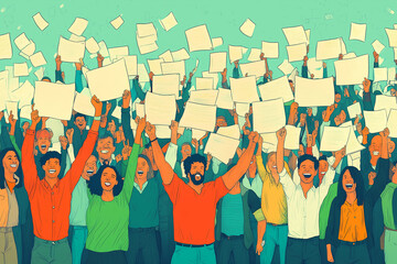 A vibrant cartoon-style illustration of an abstract crowd with arms raised, each holding up different types of documents and papers in their hands.