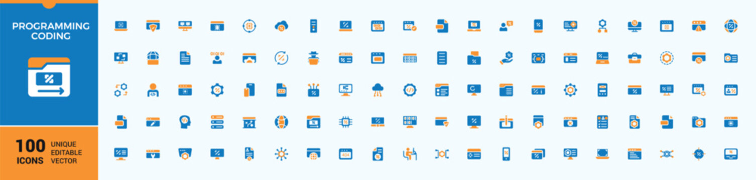 Set of Programming Coding colorful solid icons. Containing app, program, web, website, development, programming, coding and more. Filled icon collection. Conceptual pictogram and infographic.