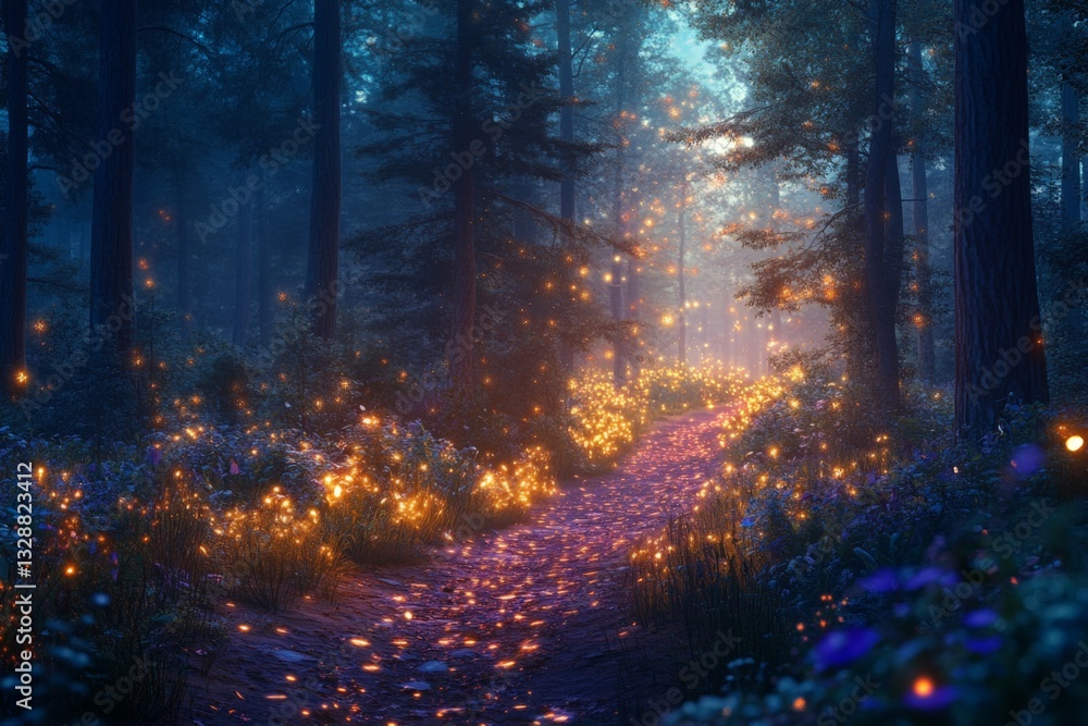 Poster enchanted forest pathway illuminated by glowing fireflies during twilight hours