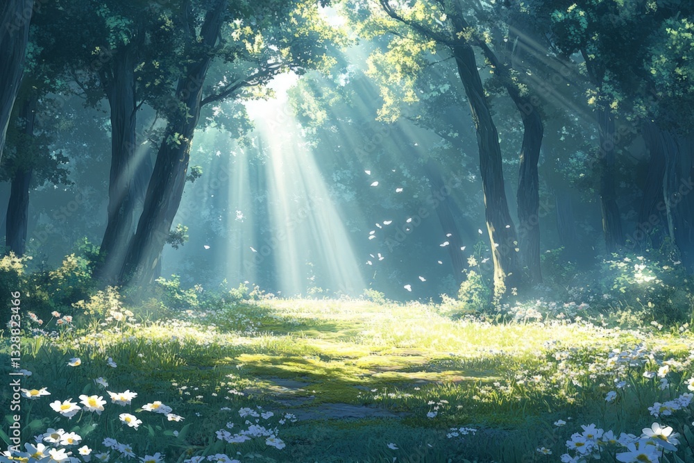 Aufkleber sunlight filters through trees in a vibrant forest filled with flowers during a serene afternoon