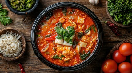 Korean Food Yukgaejang Spicy Korean Soup Dish top view on a wood brown background