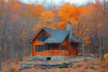 Cozy log cabin surrounded by vibrant autumn foliage in a serene forest setting