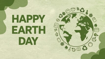 Earth Day celebration, green planet illustration, nature awareness, eco-friendly message, sustainability, environmental protection, recycling, global community.