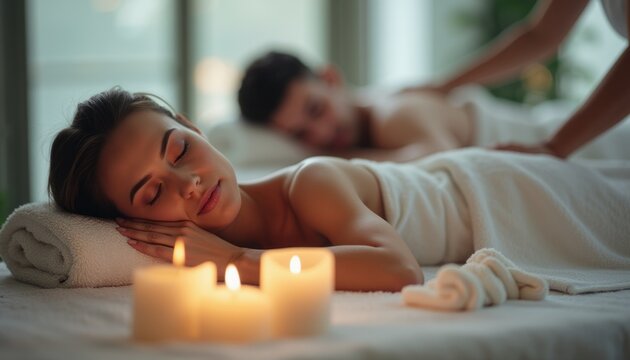 A tranquil spa scene captures a couple receiving relaxing massages, surrounded by soft candlelight. The warm glow of the candles enhances the peaceful atmosphere, inviting a sense of calm and intimacy