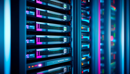 Naklejka premium Close-up of Server Rack with SSD with Blinking Lights in Modern Datacenter. Advanced Cloud Computing and Machine Learning Concept. cinematic approach. high detail. Generative Ai