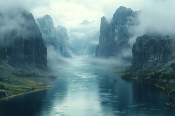 Fototapeta premium a serene view of a river winding through majestic mountains, shrouded in mist