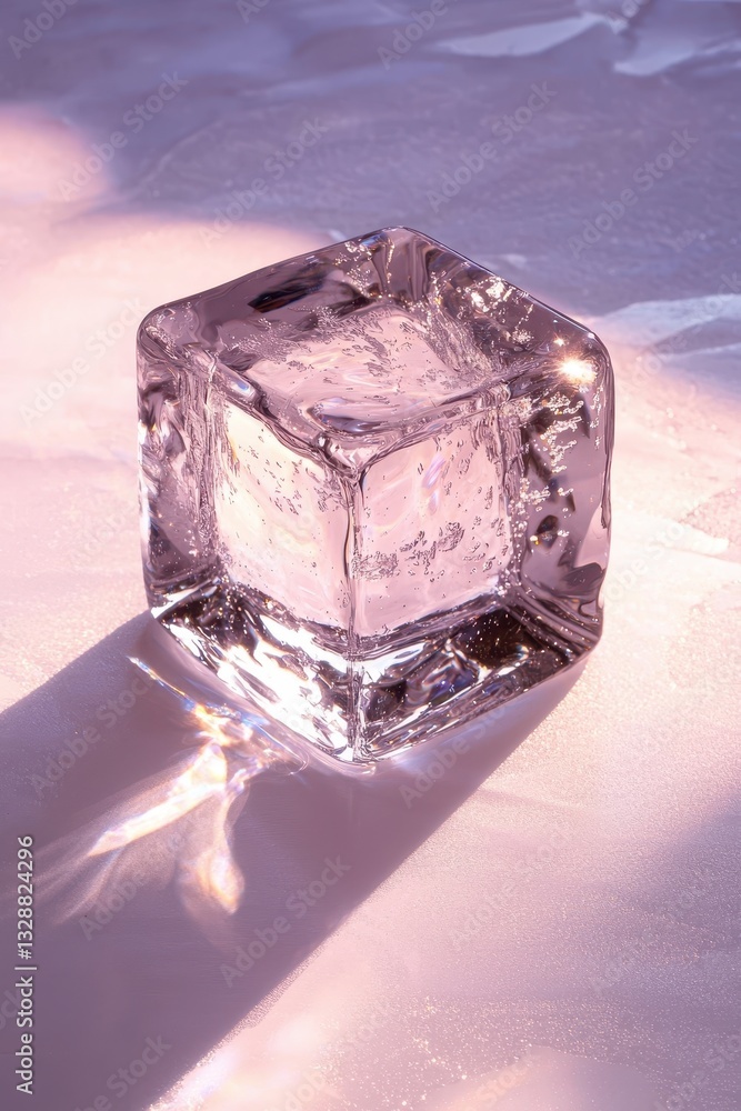 Poster crystal clear ice cube on reflective surface with soft lighting