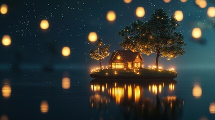 A floating island with lanterns glowing around its perimeter.