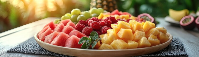 a colorful platter of fresh, assorted fruits arranged artfully on a table under sunlight