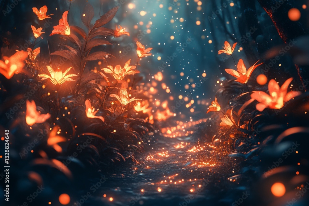 Poster surreal pathway illuminated by glowing flowers and butterflies in a mystical forest at dusk