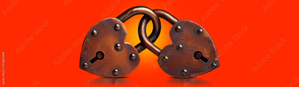 Poster extreme close-up of two rusty heart shaped padlocks linked together, with keyhole, isolated on red b
