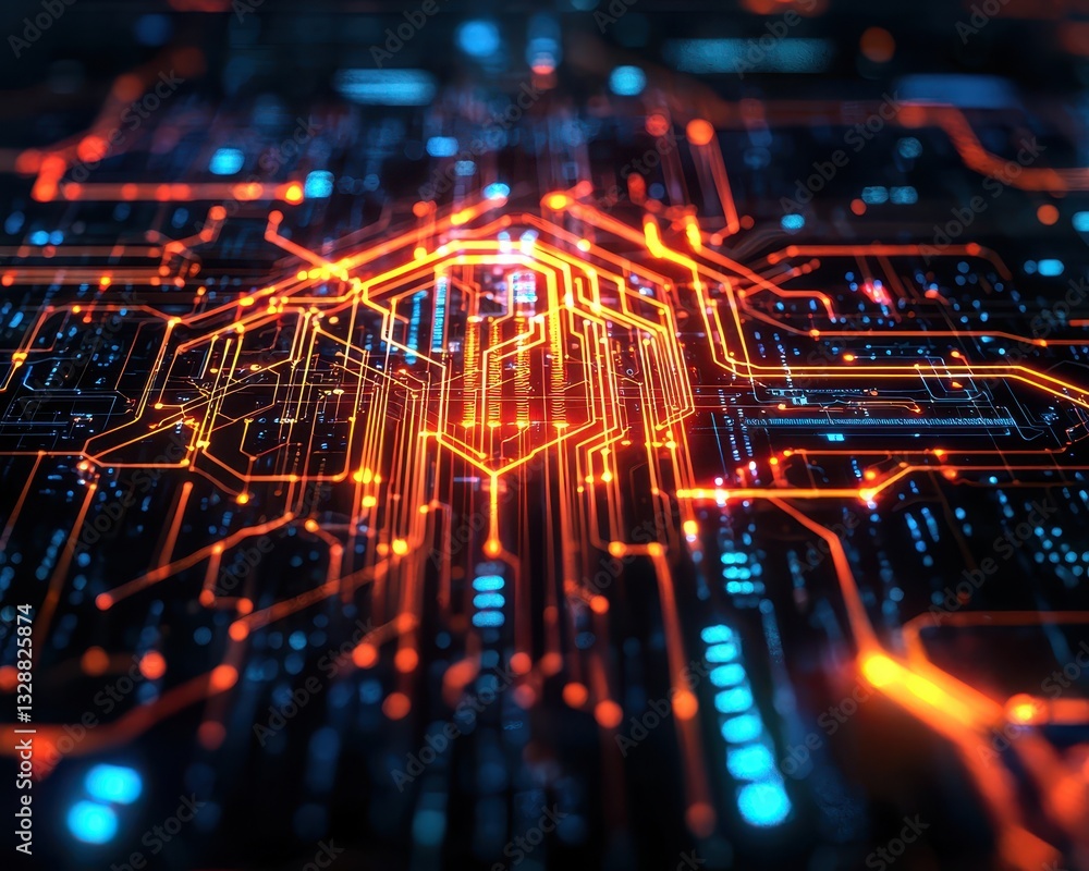 Poster abstract circuit board with glowing lights and digital elements