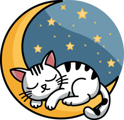 sleeping cat on moon, cute kitten night illustration, dreamy cat with stars