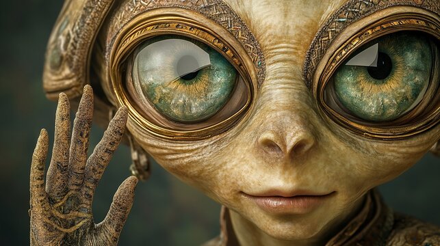 Close-up of alien-like being with large green eyes, ornate headgear, textured skin