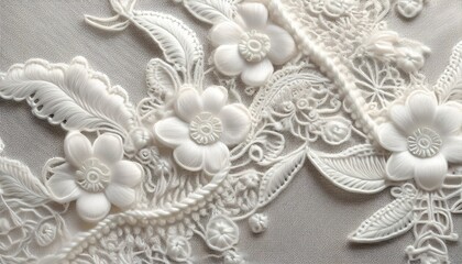 Elegant soft white lace pattern showcasing intricate embroidery details, exuding a delicate and classic charm. Perfect for backgrounds, textiles, and vintage-inspired designs