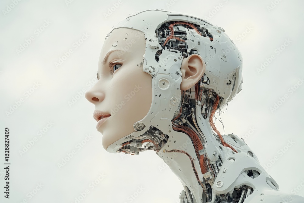 Poster futuristic humanoid robot head showcasing intricate mechanical features and delicate facial design